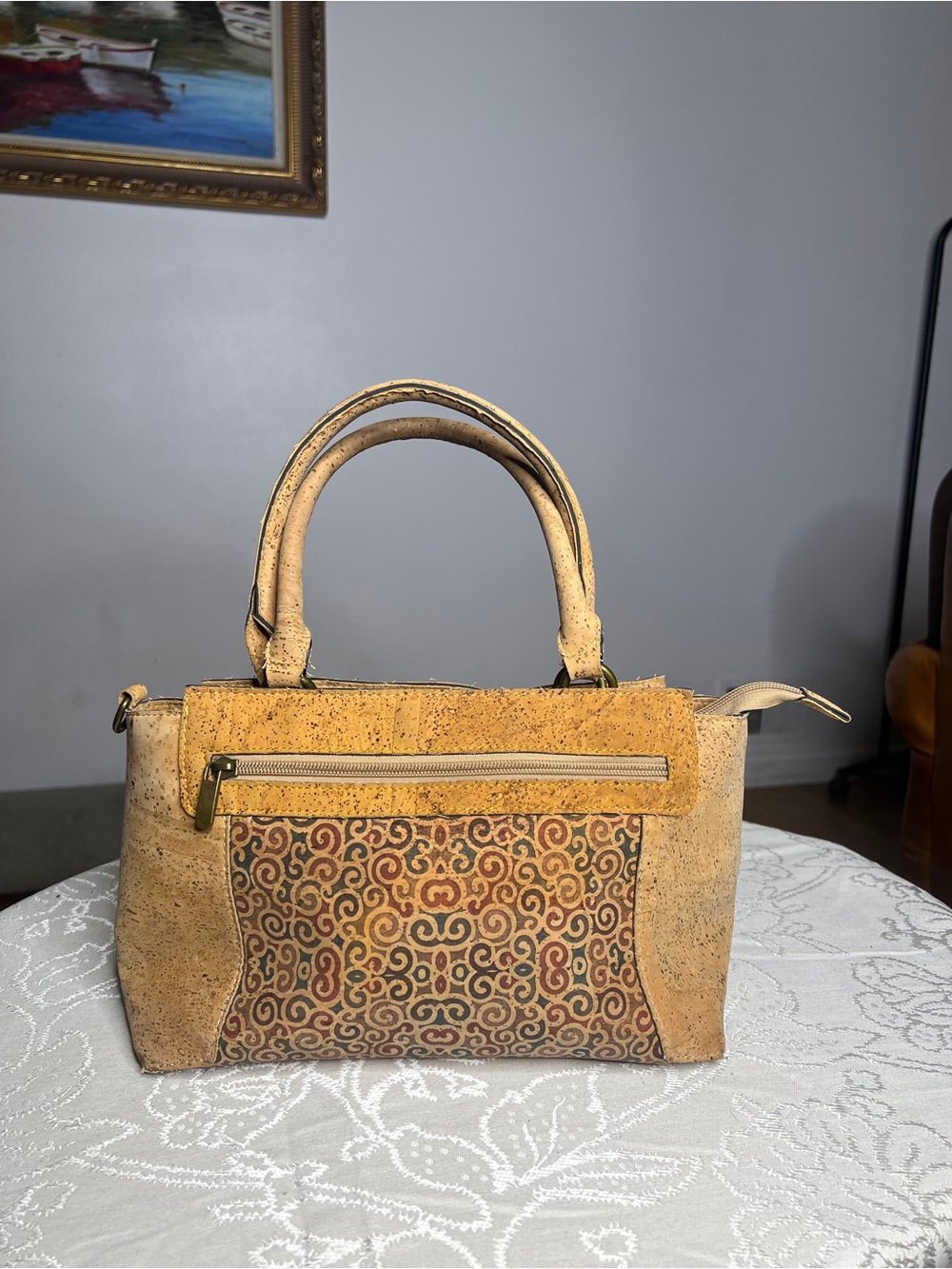 Patterned Cork Satchel Handbag in Mustard Yellow